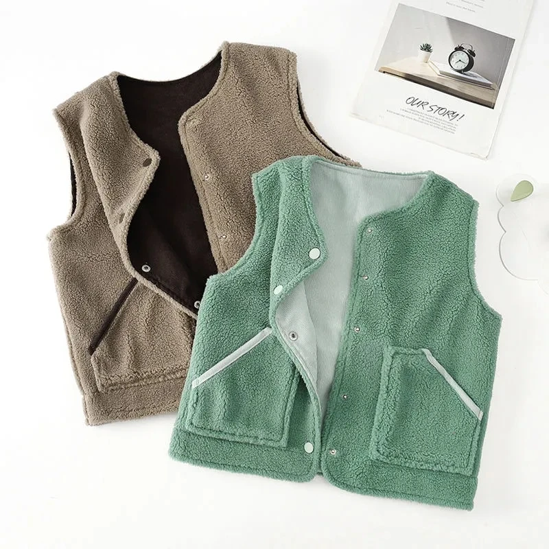 Corduroy Fabric Polar Fleece Double Sided Children's Vest Autumn Winter Thicken Boys Girls Vest V-neck Baby Outwear Waistcoat