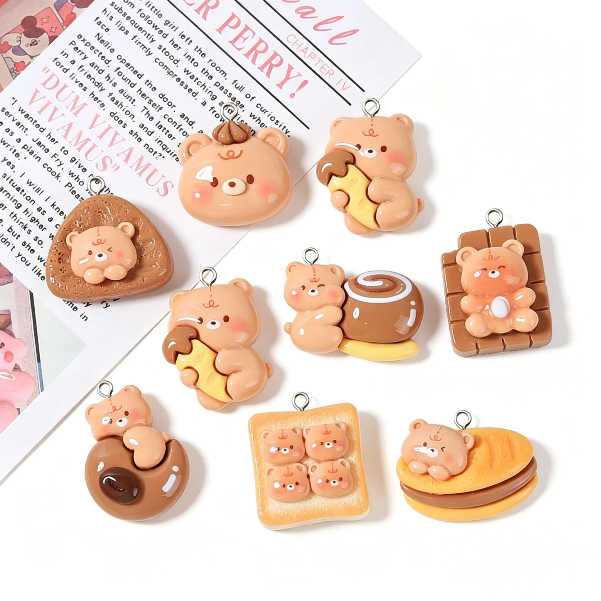 10Pcs Cute Toast Bear Resin Charms - Coffee & Bread Themed Pendants for DIY Jewelry Making, Earrings & Keychains