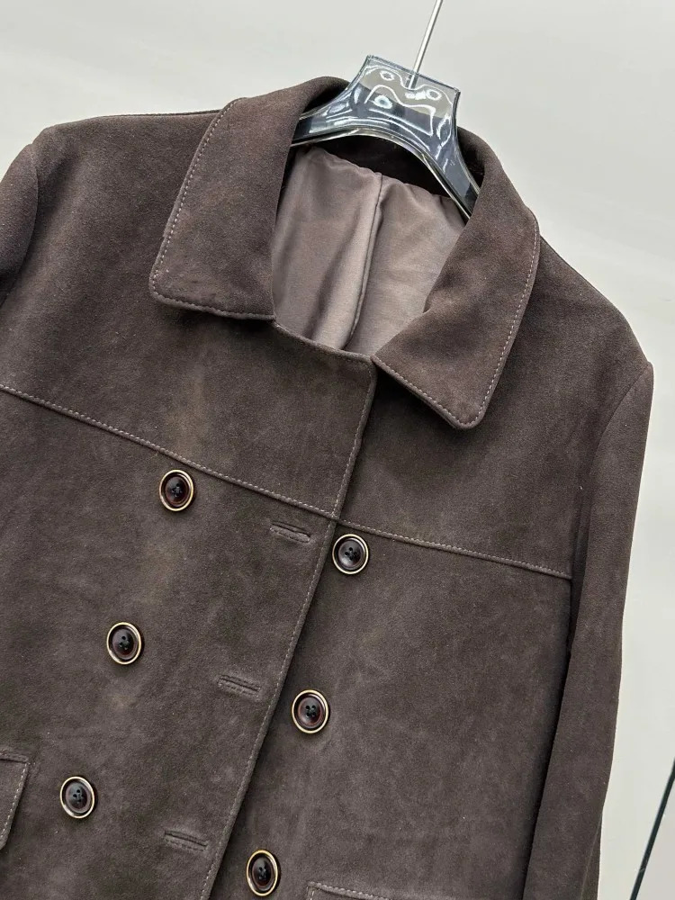 Autumn Women Suede Sheepskin Jacket Double Breasted Vintage Square Collar Design Genuine Leather Short Coat Long Sleeve Outwear