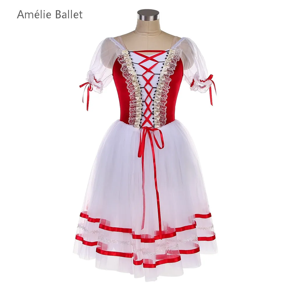 

22040 Puff Sleeves Red Velvet Top Bodice with Ivory Romantic Long Ballet Tutu for Girls & Women Stage Performance Dancewear