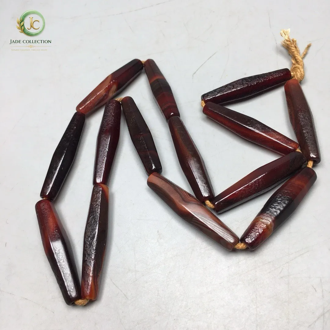 Unique Tibetan Natural Red Old Agate dZi Silkworm Lines Bead Necklace S0531