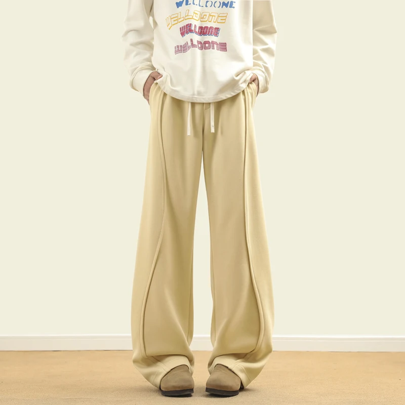 

2025 New Solid Color Elastic Waist Drawstring Oversized Wide Leg Lounge Pants Trendy High Waist Loose Fit Casual Trousers Man