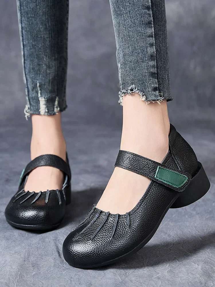 

Birkuir Thick Heel Mary Jane Women Pumps Hook Loop Pleated Hook Loop Shoes Luxury 2025 Mixed Colors Genuine Leather 3cm Shoes