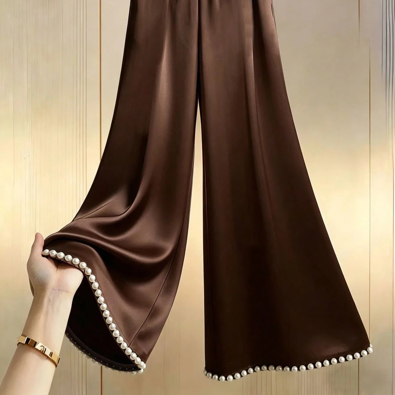 Women's Coffee Satin Wide Leg Pants with Pearl Hem, Elastic Waist Draped Floor-Length Trousers