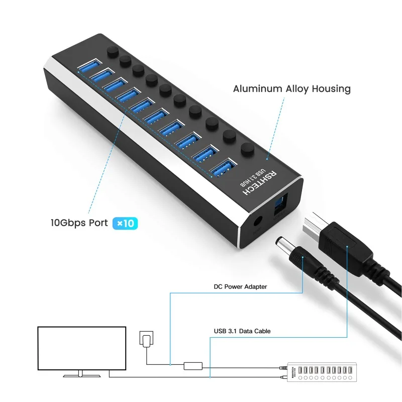 Imagem -04 - Rshttech-alumínio Hub Usb 3.1 10 Portas Transferência de Dados 10gbps 36w Hub de Extensão com Adaptador de Energia 12v 3a