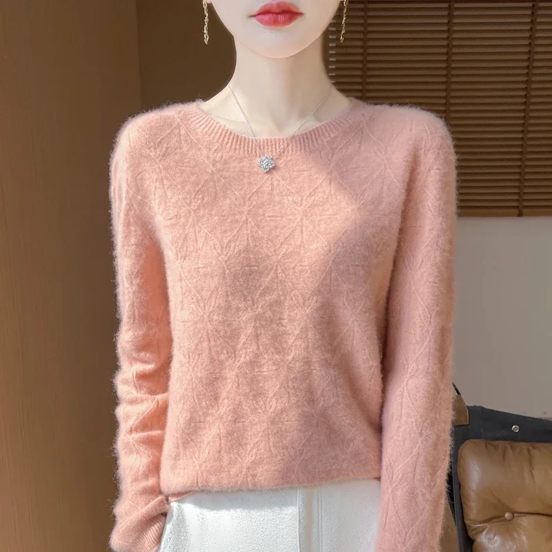 

100% Merino Wool Autumn Winter Fashion Women Hollow Out Sweater O-Neck Long Sleeve Pullover Clothing Cashmere Tops Knitwear New