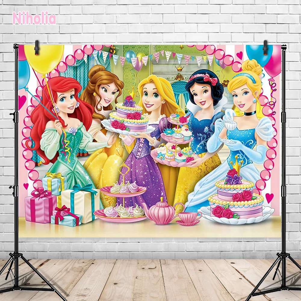 Disney Princess Theme Photo Backdrop Princess Girls Kid 1st Happy Birthday Party Decoration Baby Shower Custom Background Banner