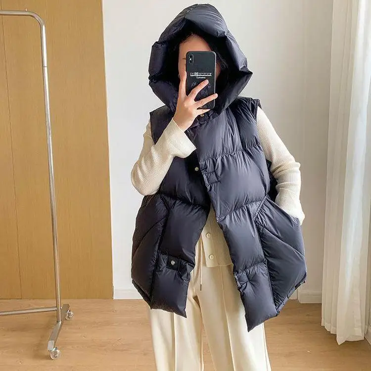 Colete de Plumas de Pato Branco, Estilo Curto e Acolchoado, Jaqueta com Capuz, Design Simples, Casaco de Outono e Inverno, Fe...