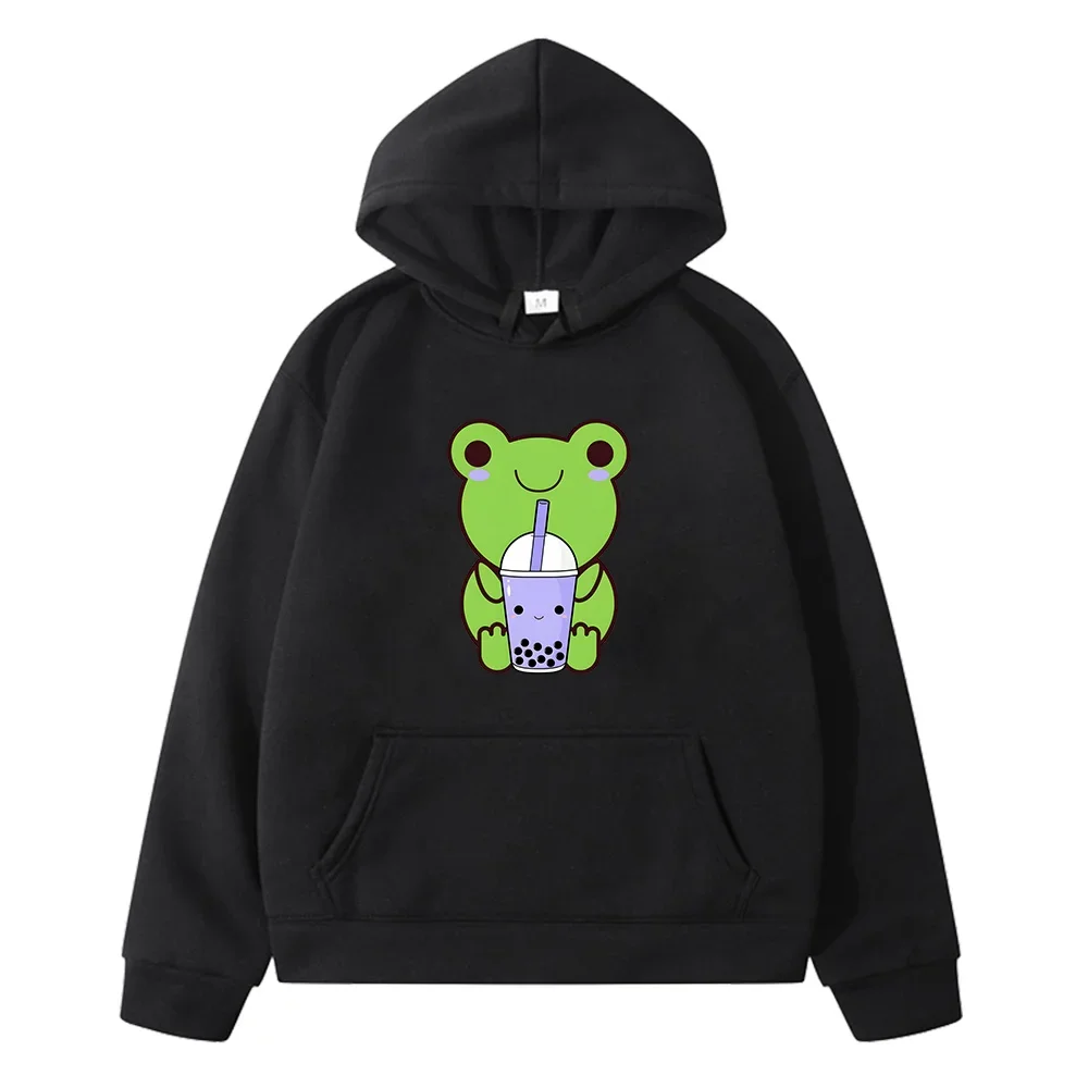 Frog Bubble Milk Tea Print Hoodies Sudaderas Autumn Fleece Children Cartoon Sweatshirts Casual Boys and Girls Clothing Hooded