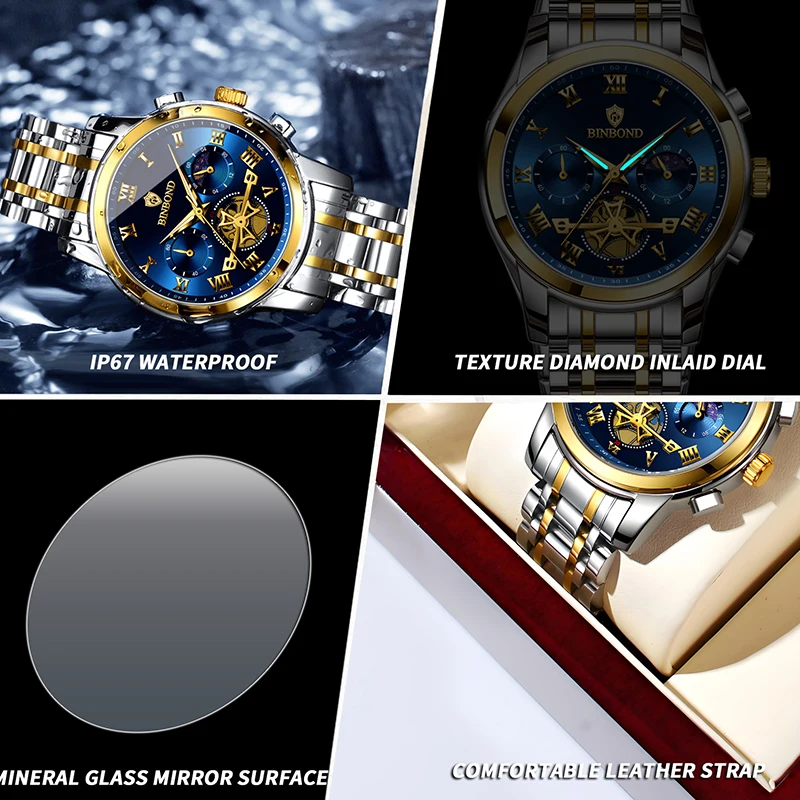 BINBOND модные трендовые мужские кварцевые часы со светящейся стрелкой, хронограф с фазой Луны, водонепроницаемые оригинальные мужские часы из нержавеющей стали