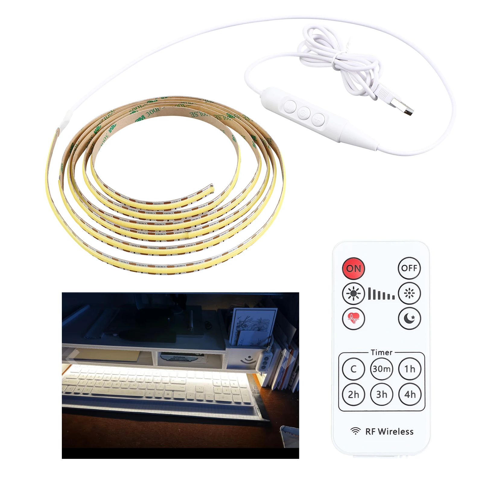 5V USB LED Strip Kit COB 480LEDs/M 8mm Safe Low Voltage with Remote & Controller Dimmable Timer for TV PC Desk Cabinet 2m 3m