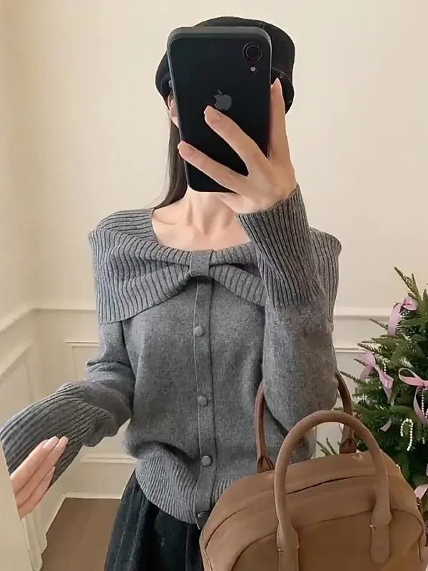 

Корейский стиль: красивая серая вязаная базовая кофта для женщин, осенне-зимняя, уникальный дизайн, внутренняя одежда, не повторяющийся топ с узлом