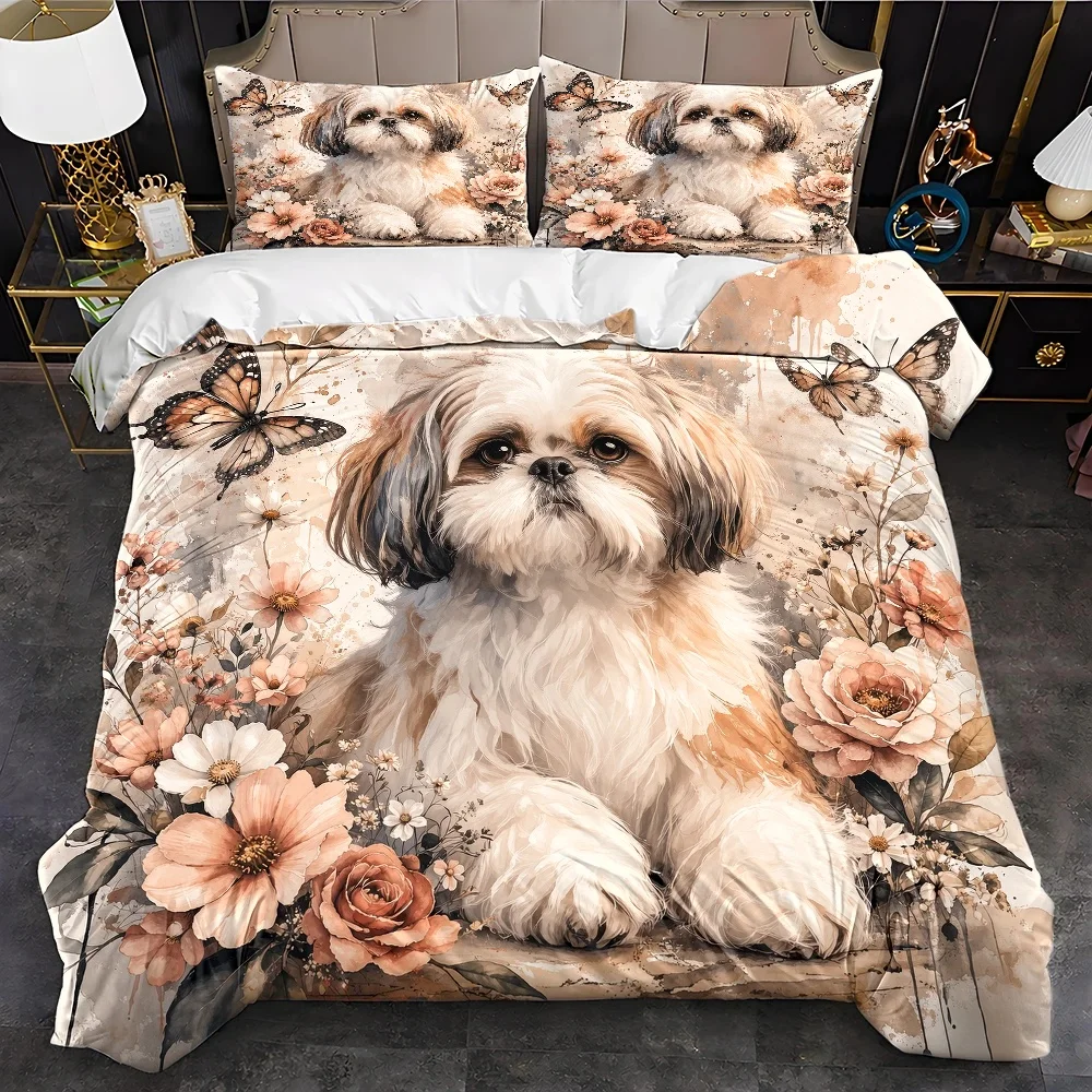 3Pc Vintage Watercolor Style Shih Tzu Dog Floral Butterfly Duvet Cover Set, Bedding Three-Piece Set (1*Duvet Cover + 2*Pillowcases), Suitable for All Seasons, Machine Washable, Invisible Zipper Double Bed Cover, Suitable for Home, Dorm, Master Bedroom, Guest Room, Large Duvet Cover Three-Piece Set, Ins-Style Artistic Print Skin-Friendly Bedding, Cross-Border Best-Selling Bed Cover Set, Soft and Comfortable Bedroom Decor Bedding, American Country Style Pet Floral Bedding