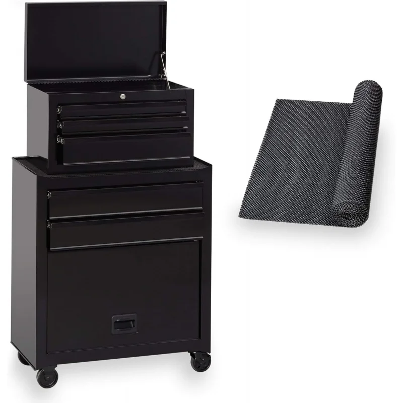 26 Black Rolling Chest Combo, 5 Drawer with Drawer Liner Roll, Garage Workshop Storage, Lockable Wheels, Heavy Duty Metal