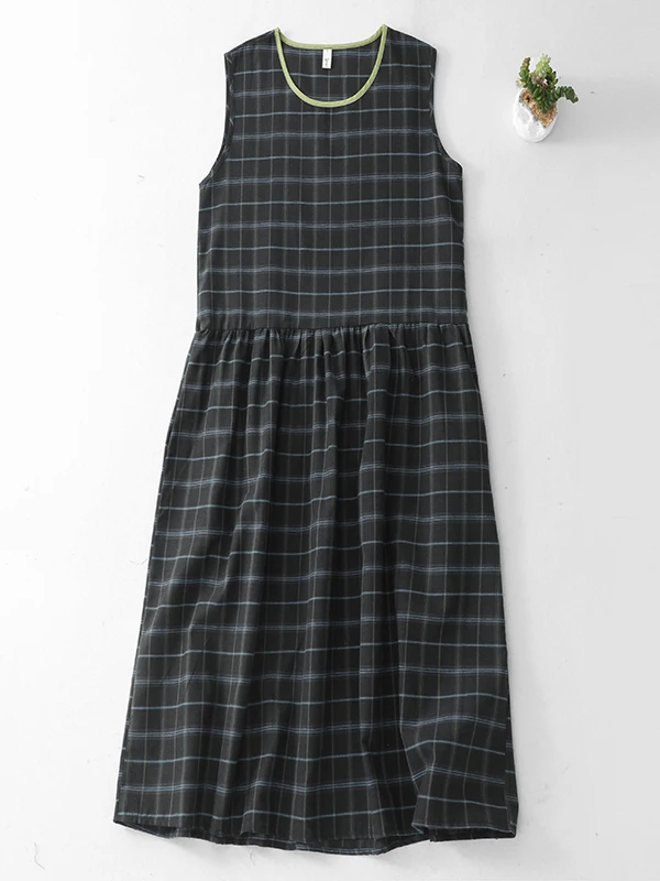 

Женское платье больших размеров без рукавов в клетку, в художественном стиле, повседневное, длинное, А-силуэт, миди, летнее, с круглым вырезом