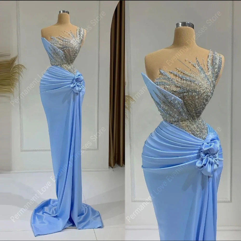 2025 Sexy Blauwe Zeemeermin Vrouwen Avondjurken Elegante Mouwloze Prom Gown Dweilen Lengte Cocktail Party فساتcional Özelleştirilmiş