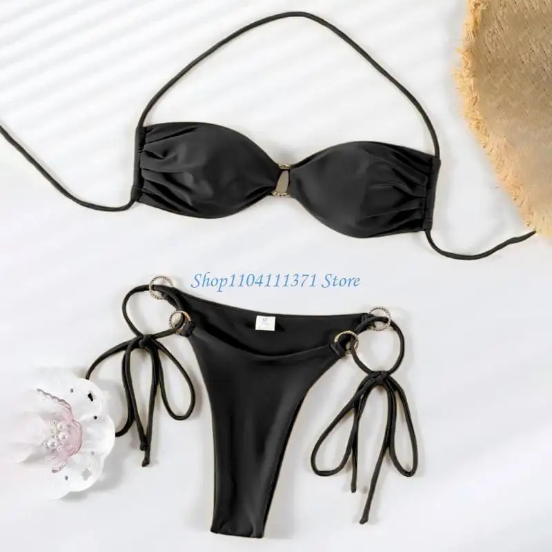 P9FC Bathing Suit for Women Halter Ring Linked Tie Side Sets Two Piece Swimsuit