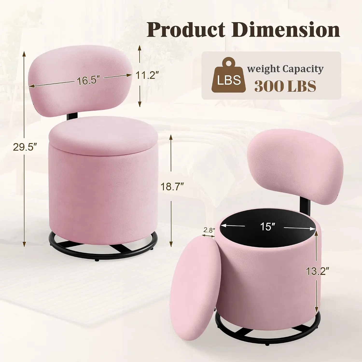 Pink Velvet Swivel Vanity Chair with Storage Makeup Stool