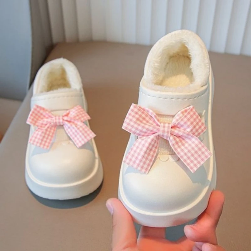 

Girls Mary Jane Cotton Shoes with Bow Princess Style Winter Fleece Lined Indoor Non Slip Baby Slippers Warm Toddler Shoes