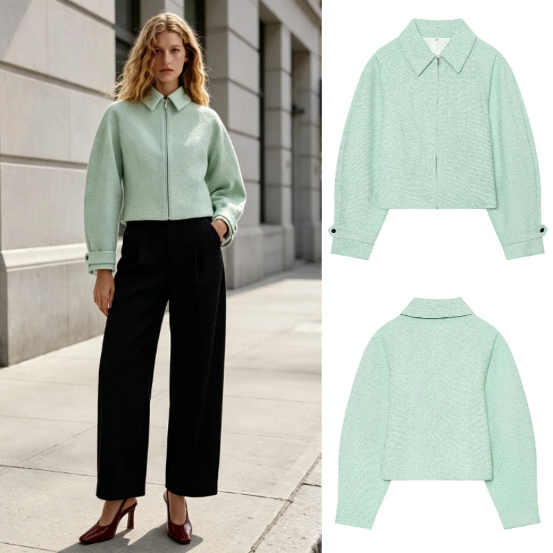 Women's Vintage Blue Jacket 2026 Autumn New Fashion Single Breasted Stand Collar Pleated Sleeve High Street Coat