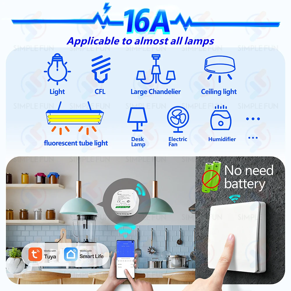 Tuya WiFi 433MHz Smart Light Switch Wireless Panel Kinetic Switch No Battery Required 110V~230V Timing Relay Alexa Google Home