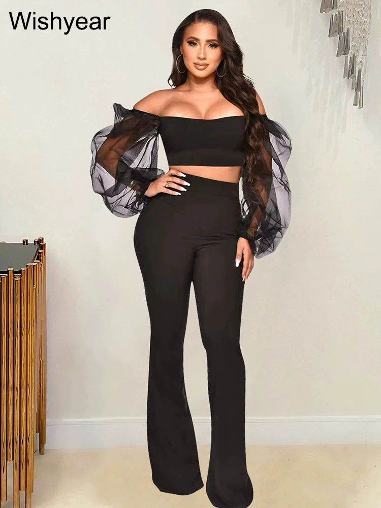 Sexy Night Club Womens Clothing Puff Sleeve Crop Top and Wide Leg Pants Black Two 2 Piece Sets Elegant Matching Birthday Outfits