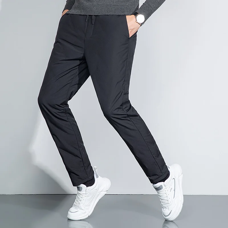 Men's Lightweight Duck Down Puff Pants Winter Cosy Warm Padded Straight Trousers Business Casual Menswear Leisure Style