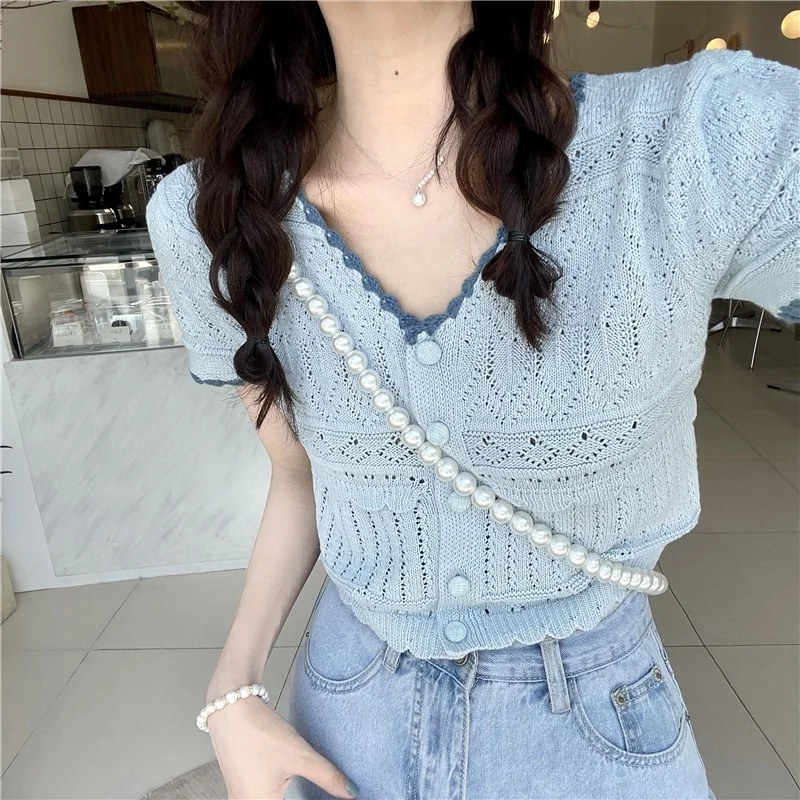 

Lightweight Knitted ort Sve V-Ne Cardigan Sweet Young-looking T-irt Women's Summer Faionable Hollow out Top