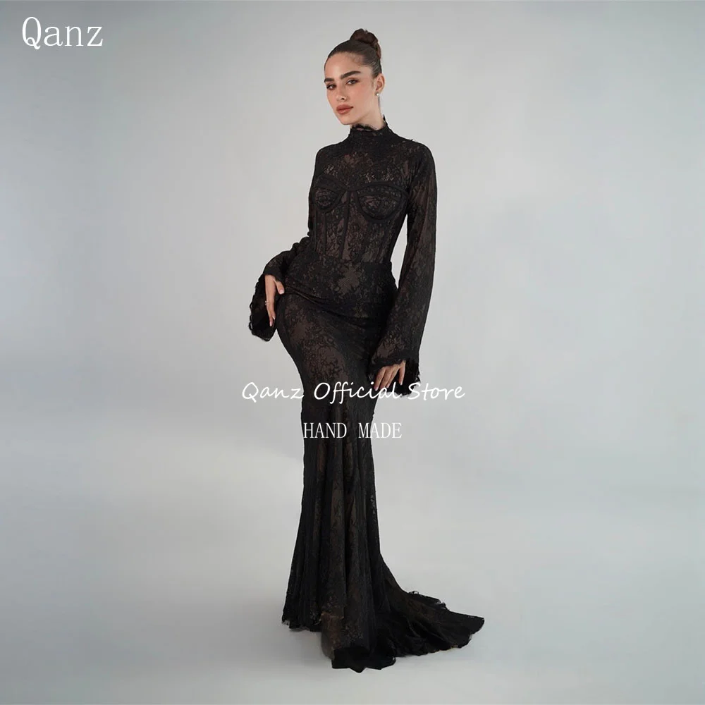 

Вечерние платья Qanz с высоким воротом и рукавами-русалкой, кружевными аппликациями, элегантные женские наряды для вечеринок, индивидуальный пошив