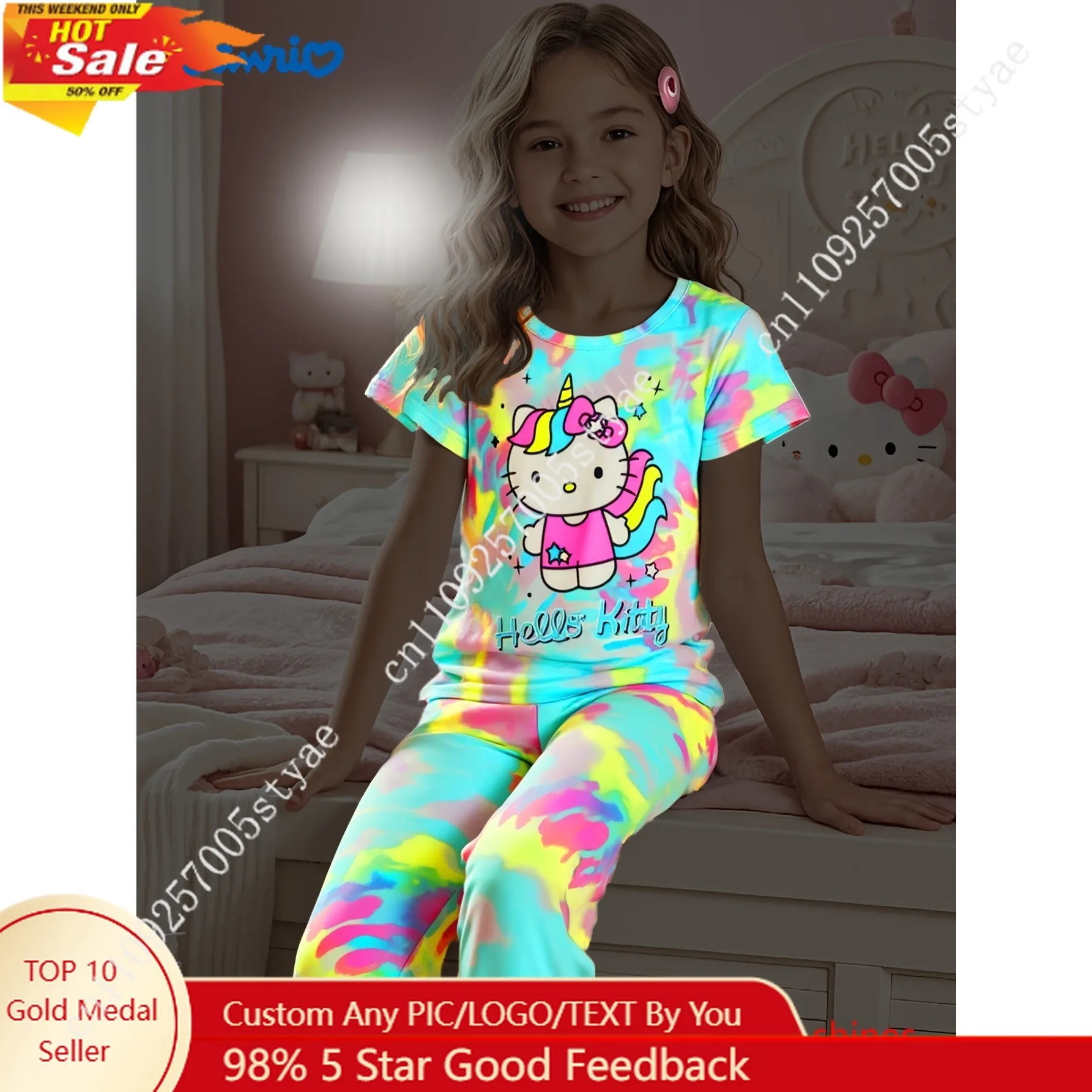 

Fluorescent Effect Hello Kitty Flame Retardant Girls' Short Sleeve Pajama Top Bow and Star Print Pants Loungewear Sets Soft Pjs