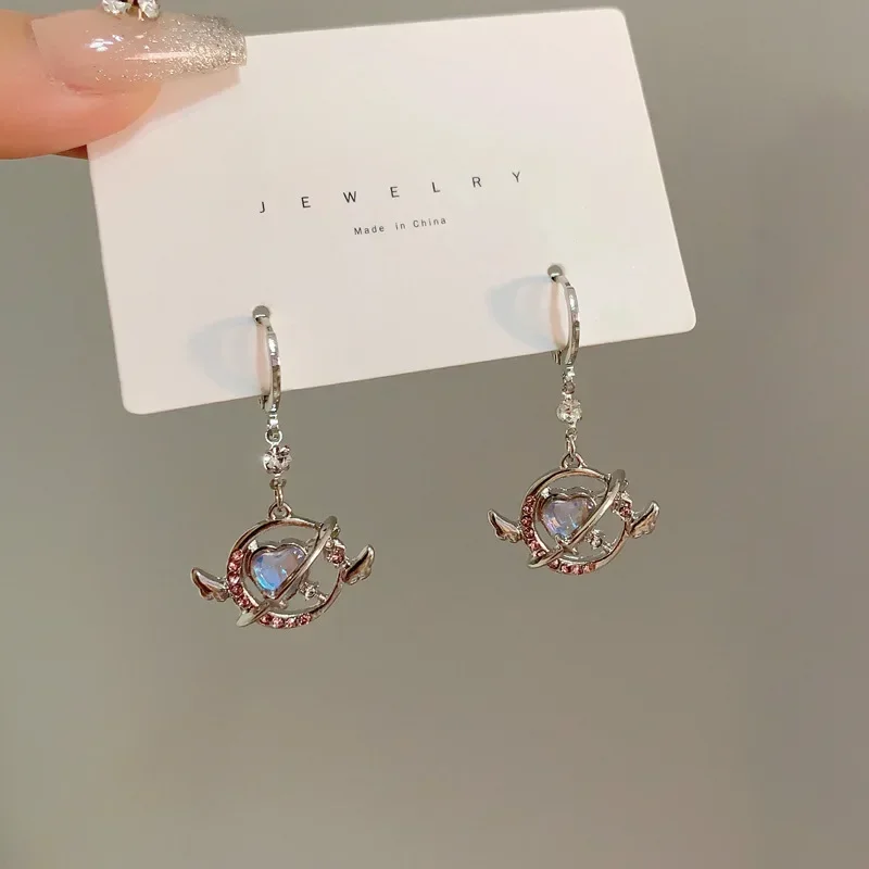 Original Temperament Dazzling Colors glass stone Heeart Shaped Earrings Sweet Cool Small Round Angel Wings Earrings for Women