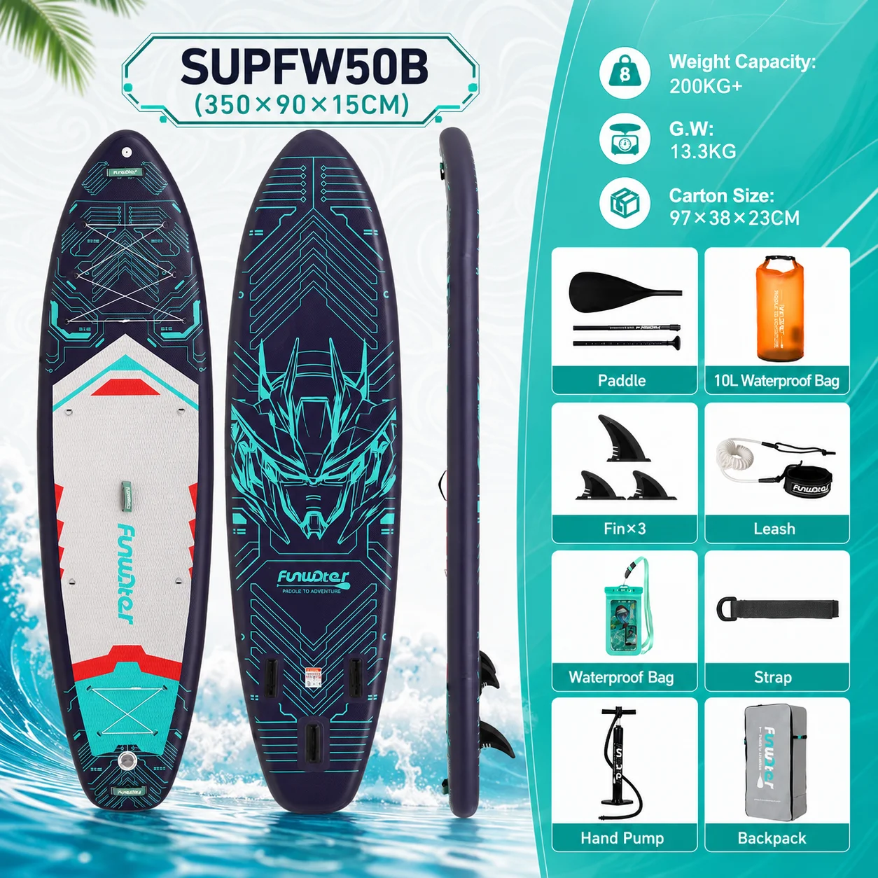 Funwater SUPFW50B Inflatable Stand Up Paddle Board 350x90x15cm SUP