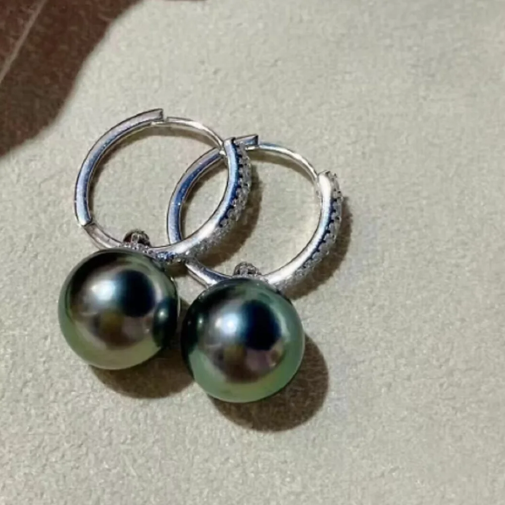 Natural Pearl Earrings AAA 9-10mm 10-11mm South Sea Black Round Pearl Earrings 925 Silver