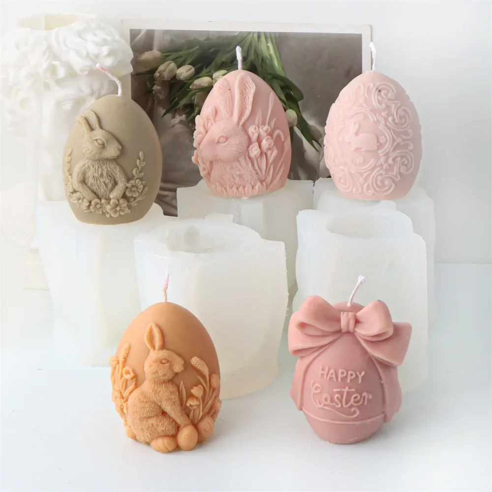 

3d Easter Bow Rabbit Easter Egg Silicone Molds Embossed Rabbit Scented Candle Mould Plaster Resin Molds Candle Making Kit