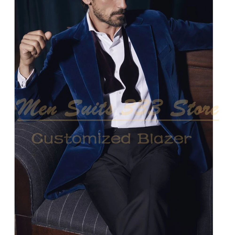 

Elegant Men's Suits for Wedding 2025 Royal Blue Velvet Blazer Black Pants 2 Pcs Outfit One Button Notch Lapel Slim Fit Clothing