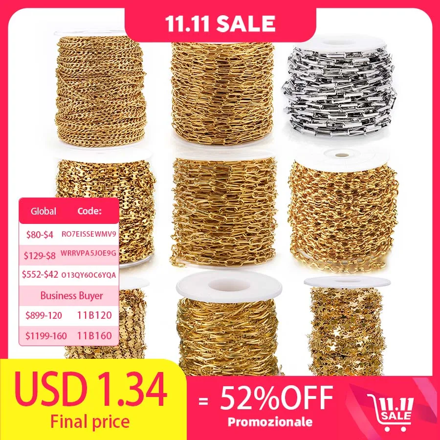 1meter Gold Stainless Steel Chain Multi Styles Star Thick Cable Curb Chains for Necklace Bracelet Jewelry Making DIY No Fade