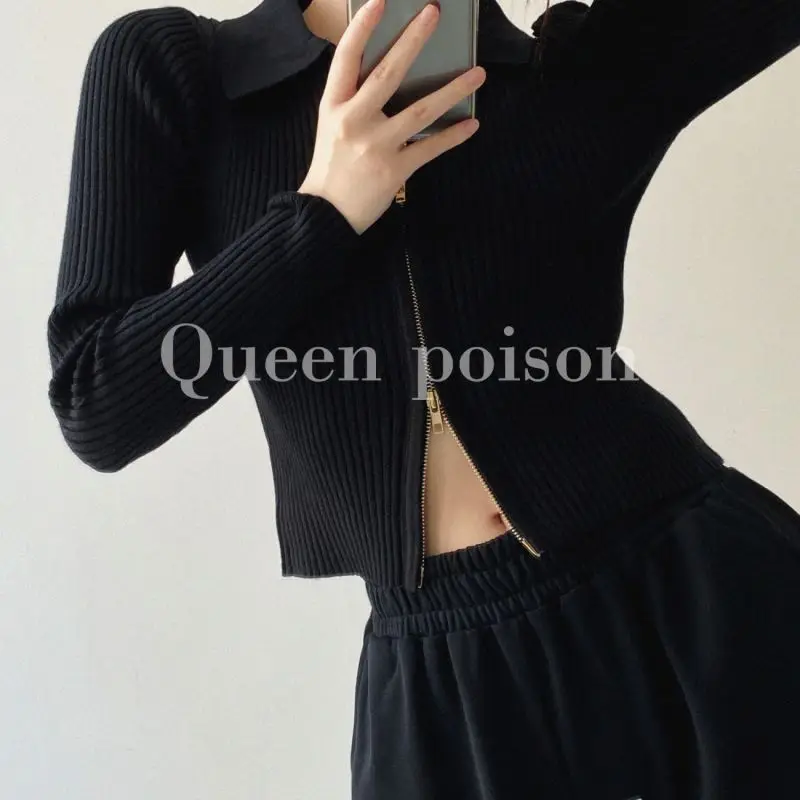 Knitted Cardigan Women Double Zippered Solid Long Sleeve Cropped Tops Casual Turn-down Collar Sexy Slim Fashion Basic Sweaters