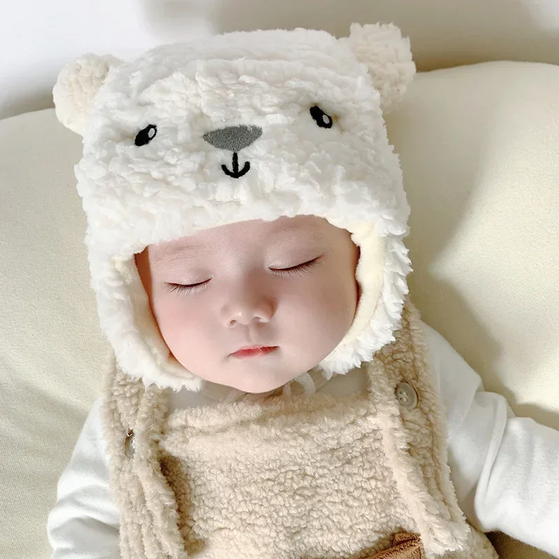 Warm Furry Baby Hat for Boy Girl Cute Cartoon Bear Plush Infant Baby Bonnet  Autumn Winter Warm Earflap Toddler Accessories