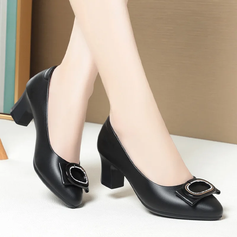 

2024 Spring Autumn New Round Toe Bow Low-heel Shoes Fashion Breathable Soft Leather Concise Comfort Work Shoes Women Grace