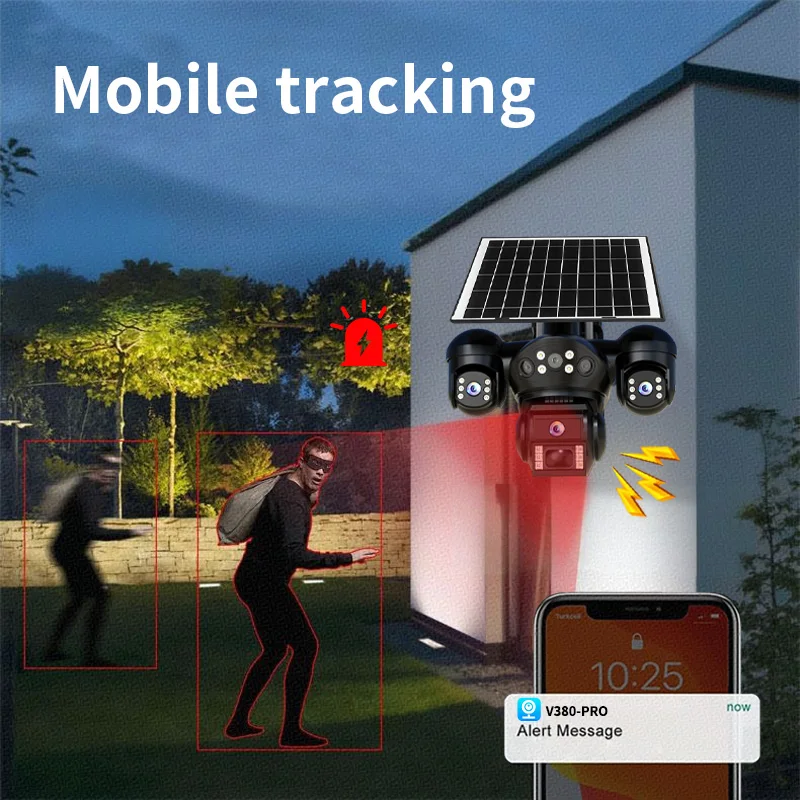 4G Solar Camera 9MP P2P V380 Pro APP Three Lens Solar Panel Battery-Powered IP Camera Outdoor Recharge Color Vision AOV Camera