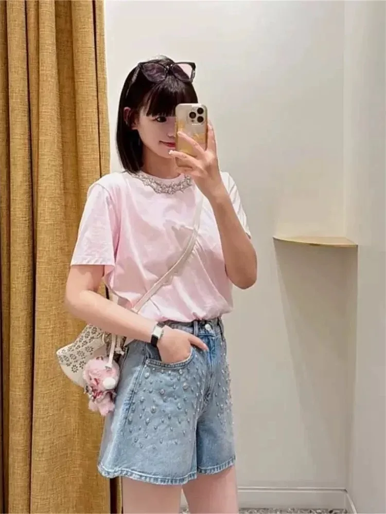 

M Home Early Autumn 2025 Glitter Diamond Trim Sweet Pink round Ne ort Sve Loose Slimming Versatile Top Casual Sle Co...