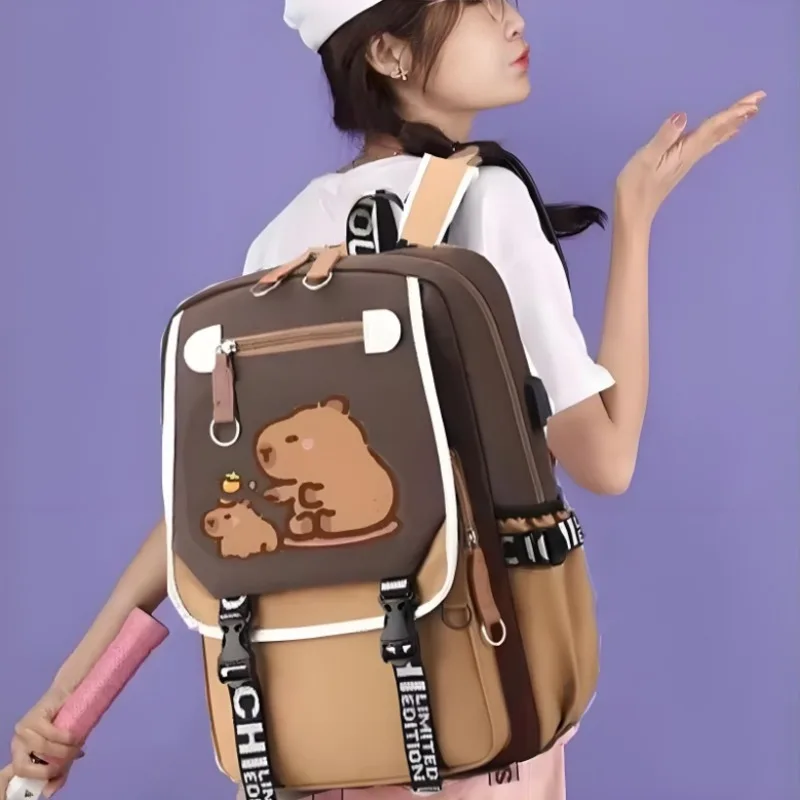 Large Capacity Adjustable Strap Multifunctional Schoolbag Cute Capybara Schoolbag Waterproof Student Computer Bag Free Pendant