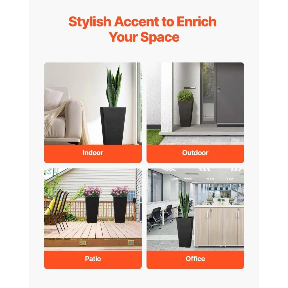 Set of 2 Tall Outdoor Planters, 22inch Large Black Modern Pots with Drainage for Indoor and Front Porch