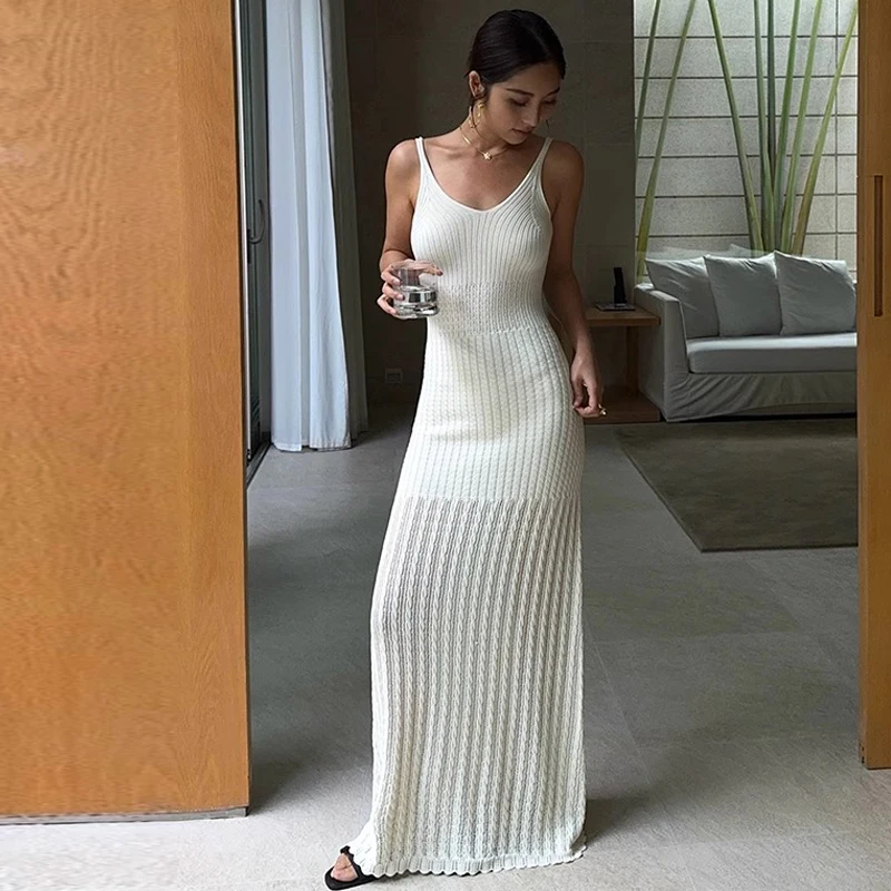 YuooMuoo Chic Fashion Sexy Slim Elastic Bodycon Long Dress Women V-neck Thin Knitted Sweater Dress Summer Streetwear Robes Femme