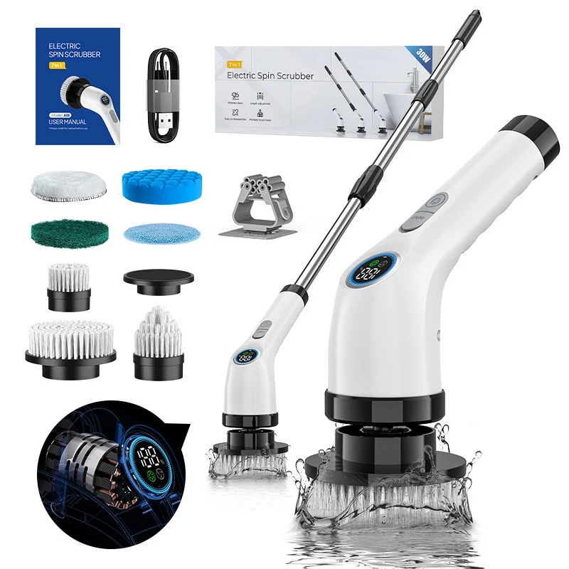 

Superior Shower Brush with Electric Spin Scrubbing, Cordless Design, 7 Replaceable Heads & Adjustable Extension