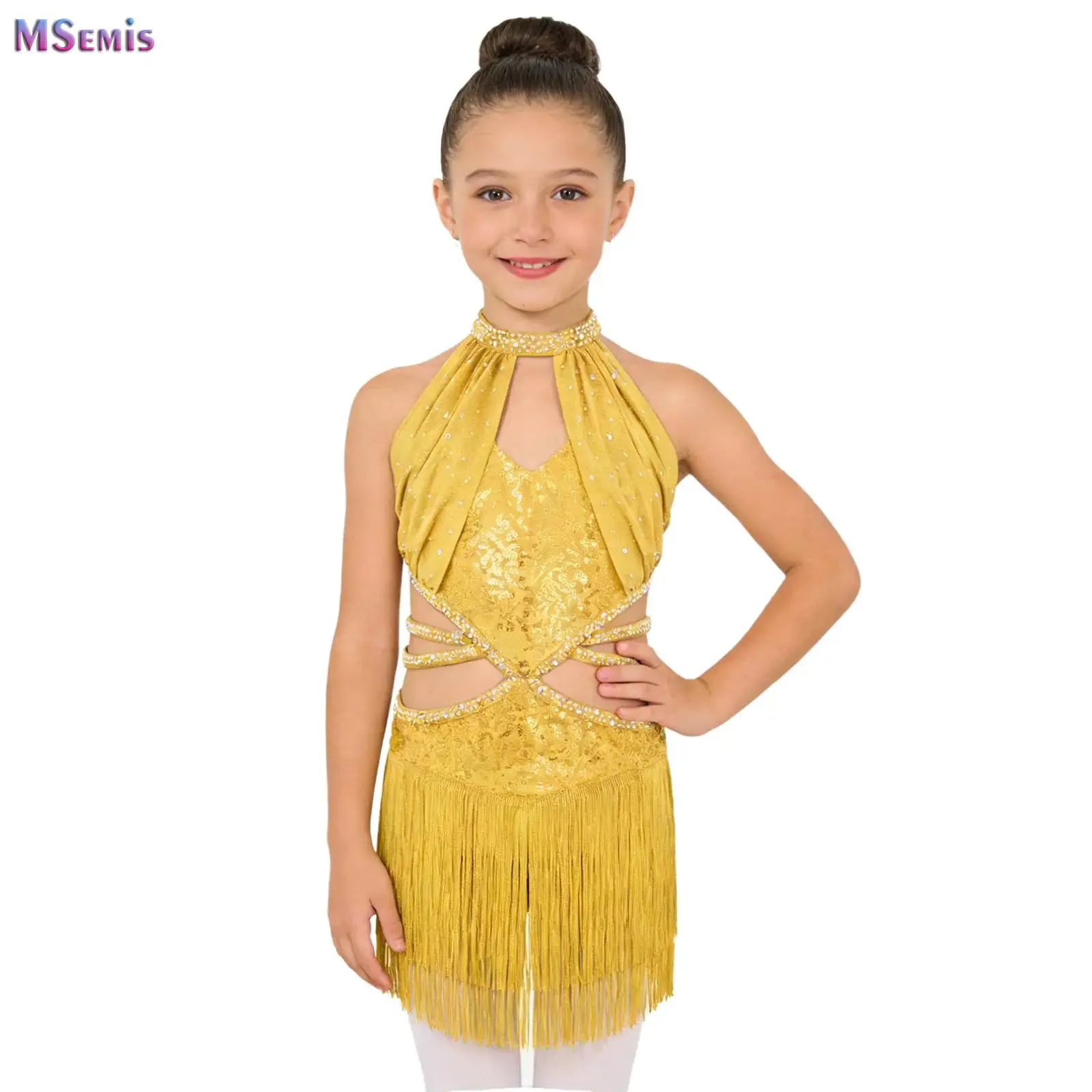 

Kids Latin Leotard Dress Girls Lyrical Modern Ballet Dance Performance Costume Rhinestones Fringe Bodysuit Dress Jumpsuit Dress