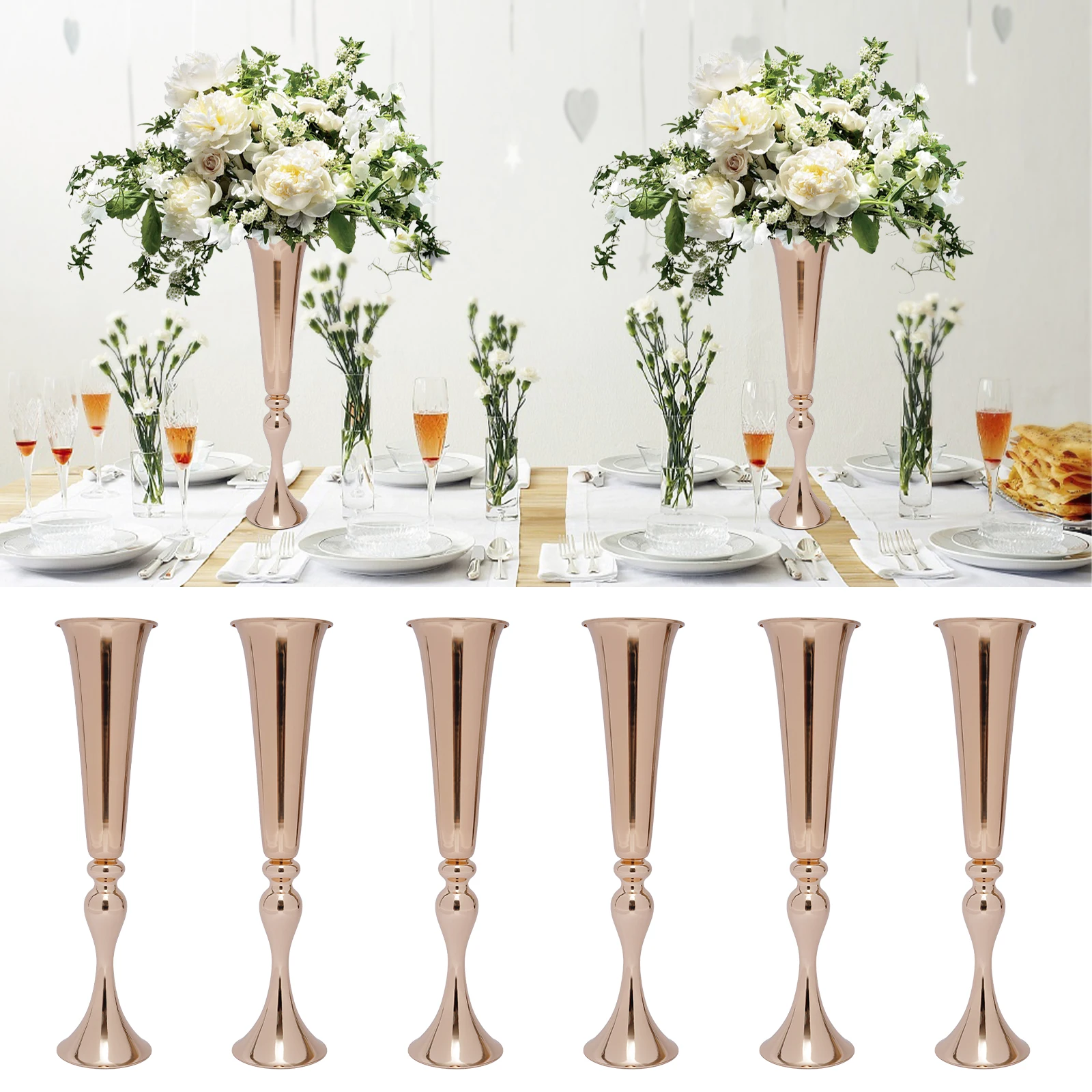 Gold Metal Table Flower Stand Vase 6Pcs Candle Holder 22.2