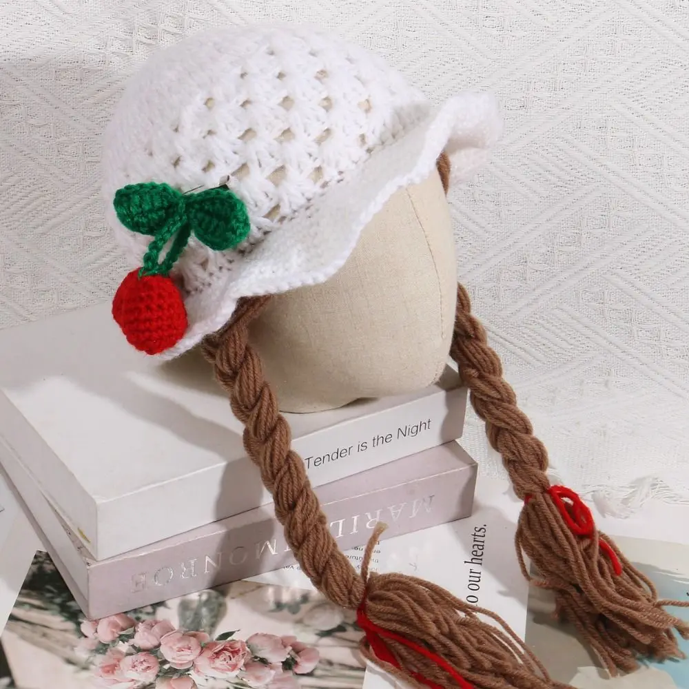 Pink Bow Wool Cap With Plaits Braided Design Photoshoot Wool Cap Girls Style Handmade Knitted Crochet Hat Caps Photoshoot