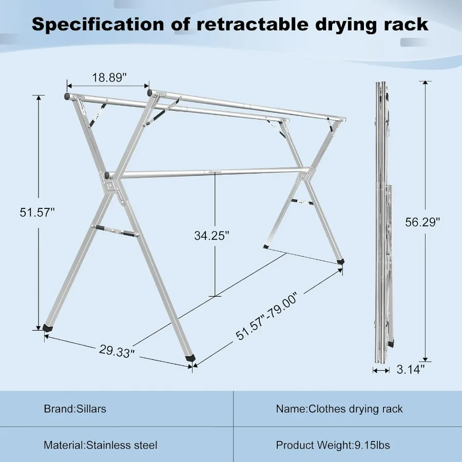 79 inches Foldable and Collapsible Stainless Steel Heavy Duty Laundry Drying Rack with Windproof Hooks for Indoor Outdoor Use S