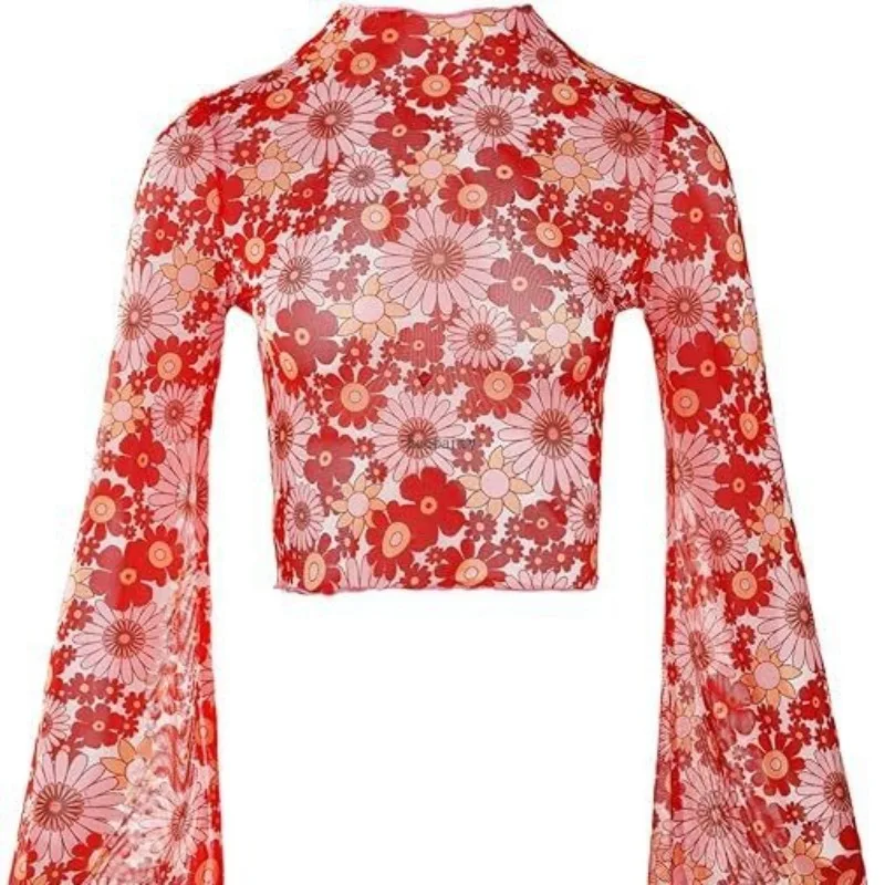 Women's Trumpet Sleeves with Lettuce Edging Y2K  Collar Flower Mesh Top Open Navel T-shirt ropa mujer vintage clothes blouse top